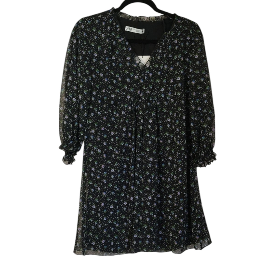 Zara Ditsy Mini Floral Polka Dots Semi Sheer Sleeves Dressxs